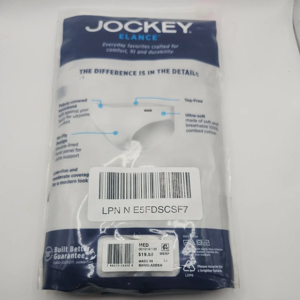 Jockey Mens Size M  32-34 White Elance Bikini 3-Pack Underwear Cotton Comfort